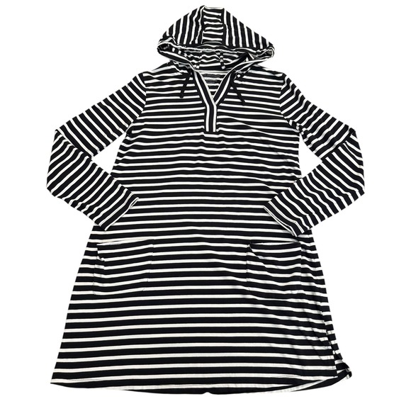 Coolibar Catalina Hoodie Cover-Up Dress Pockets Black White Stripe UPF 50 Size L - Picture 2 of 9